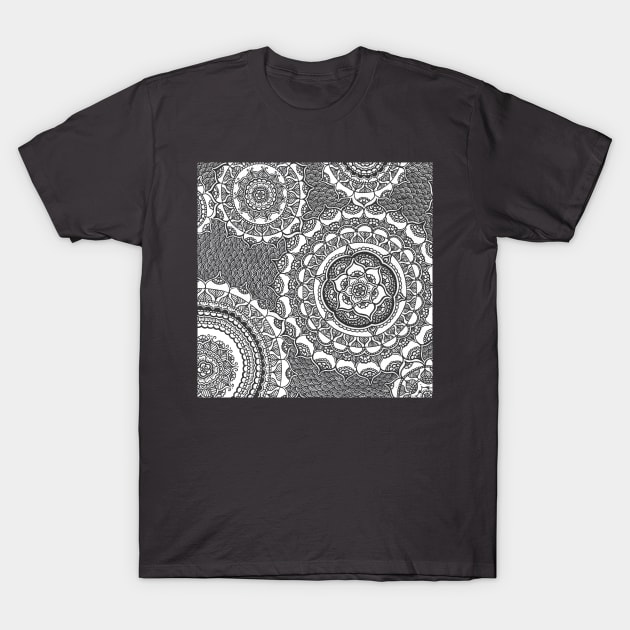 Black and White Henna Mandala Flowers T-Shirt by HLeslie Design